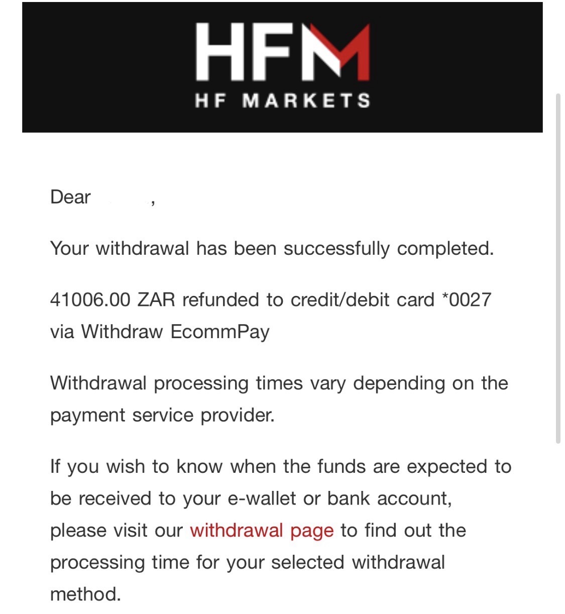 Broker withdrawal successfully completed